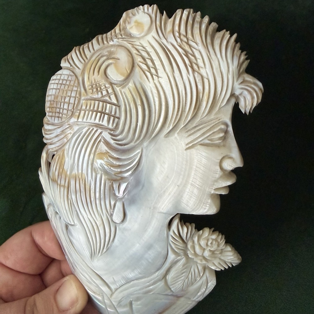 Antique Hand Carved Mother Of Pearl Shell Cameo Large 6-1/2" x 4" Woman Figure - Picture 11 of 15